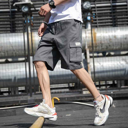 Summer Straight Five-Point Overalls With Drawstring Multi-Pocket Grey MuddyStock