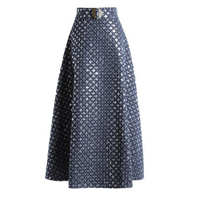 Mid-length Sequins Retro High-waisted Umbrella Skirt Navy Blue All Products