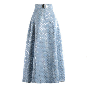 Mid-length Sequins Retro High-waisted Umbrella Skirt Light Blue All Products