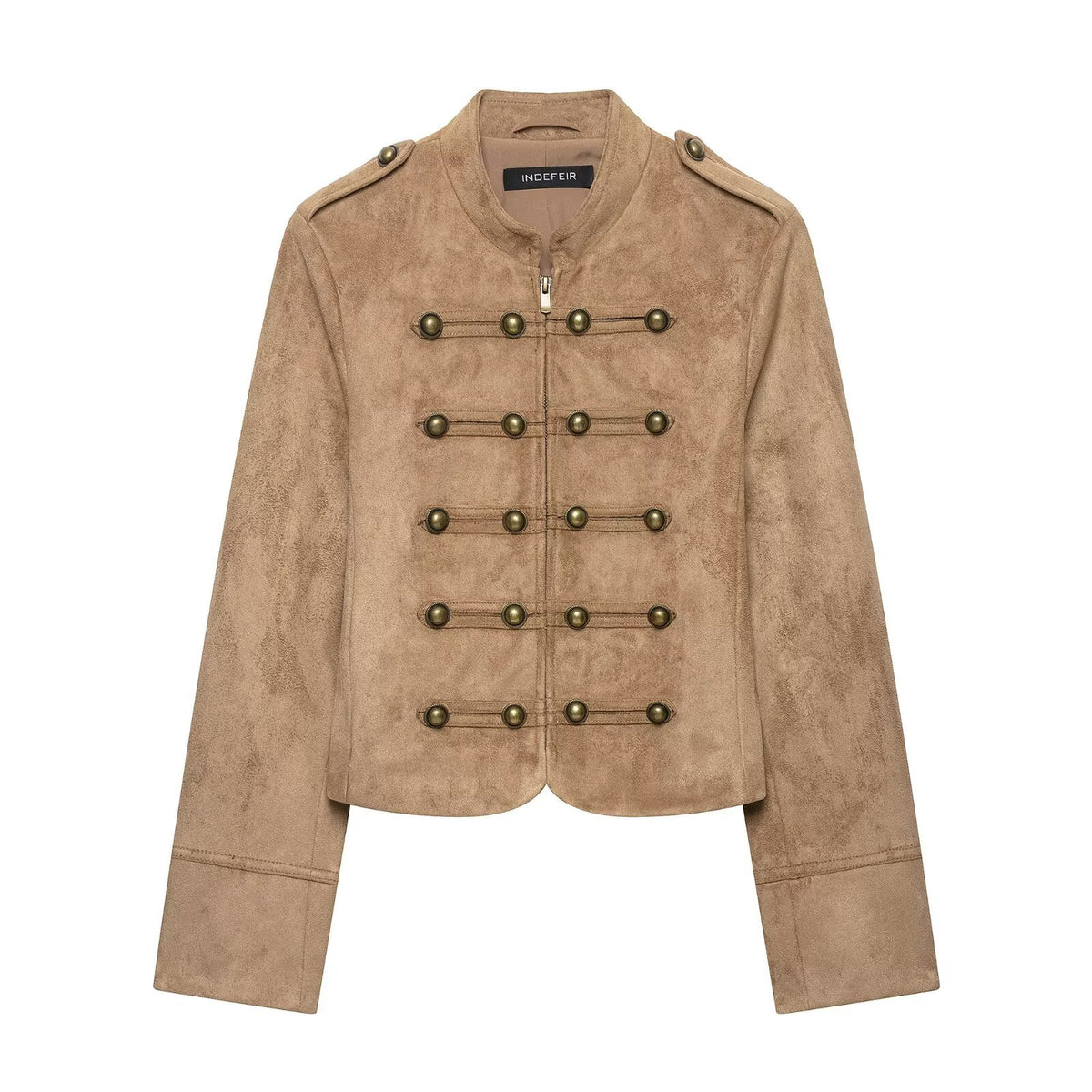 Punk Court Style Double-Breasted Metal Decorated Napoleon Collar Padded Shoulder Jacket Khaki