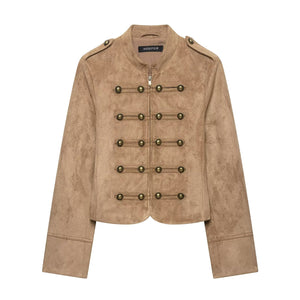 Punk Court Style Double-Breasted Metal Decorated Napoleon Collar Padded Shoulder Jacket Khaki
