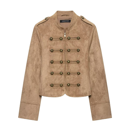 Punk Court Style Double-Breasted Metal Decorated Napoleon Collar Padded Shoulder Jacket Khaki