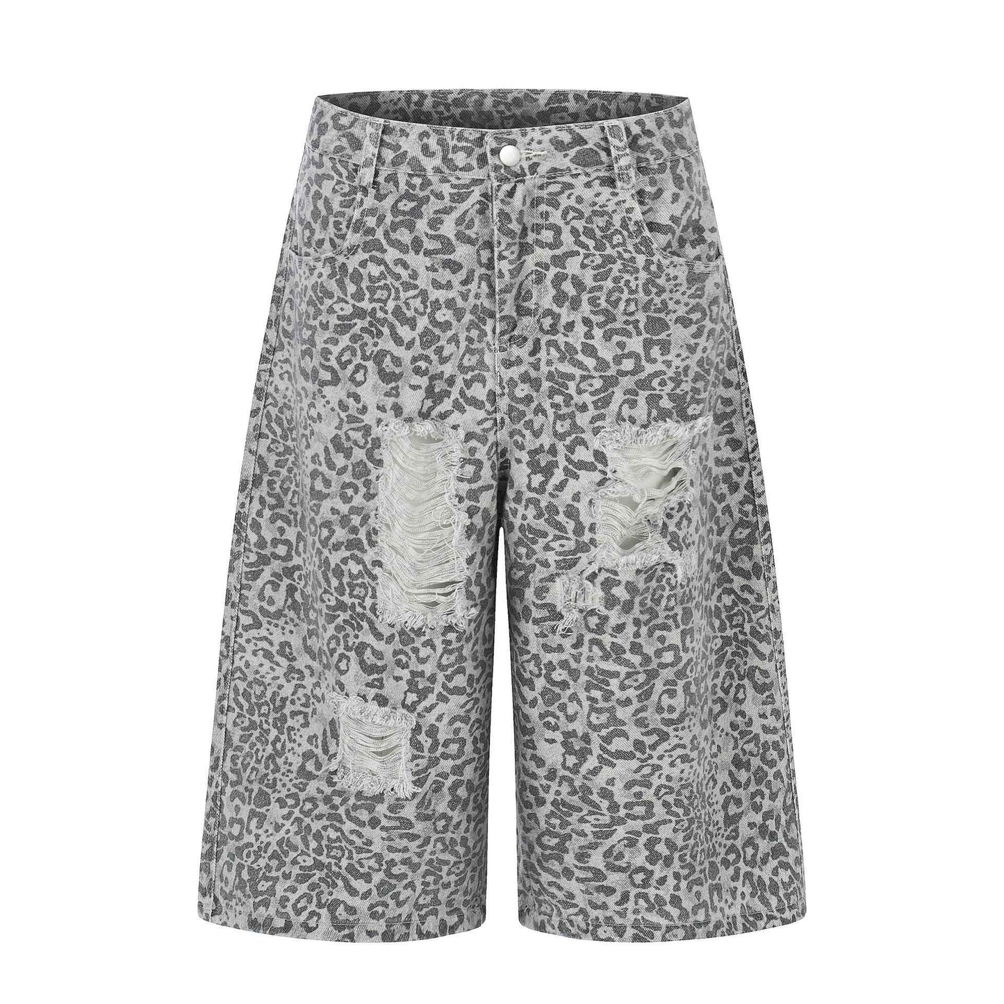 Leopard Print Distressed Denim Shorts For Women | MuddyStock Originals Gray