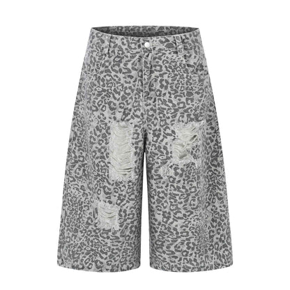 Leopard Print Distressed Denim Shorts For Women | MuddyStock Originals Gray