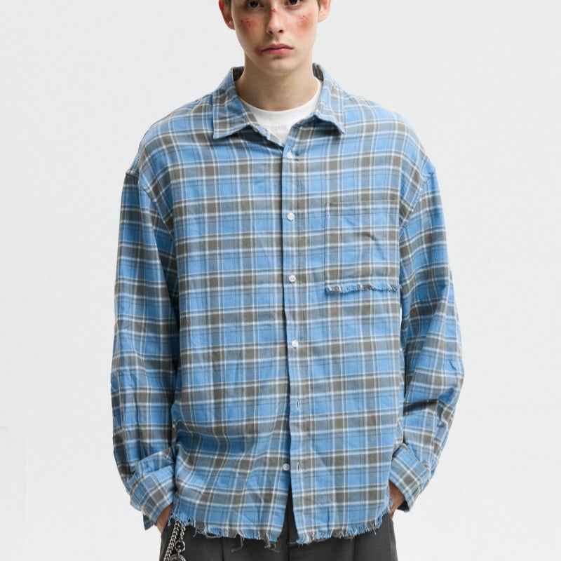 American-style Plaid Shirt With Raw Edges For Men null