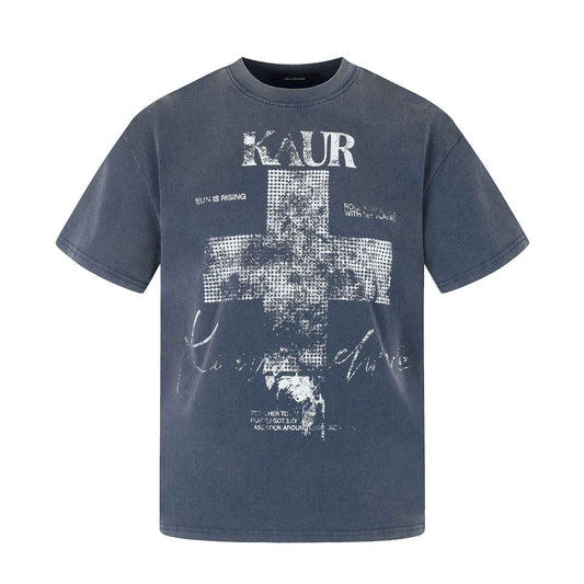 Mottled Cross-printed Washed-and-distressed T-shirt For Men Gray Blue