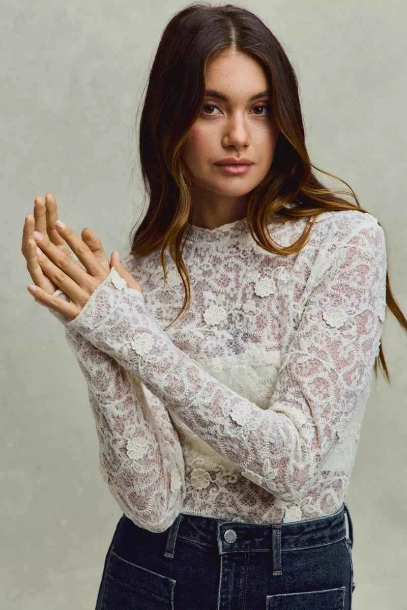 Lace Long Sleeve Floral Layering Top Trendsi