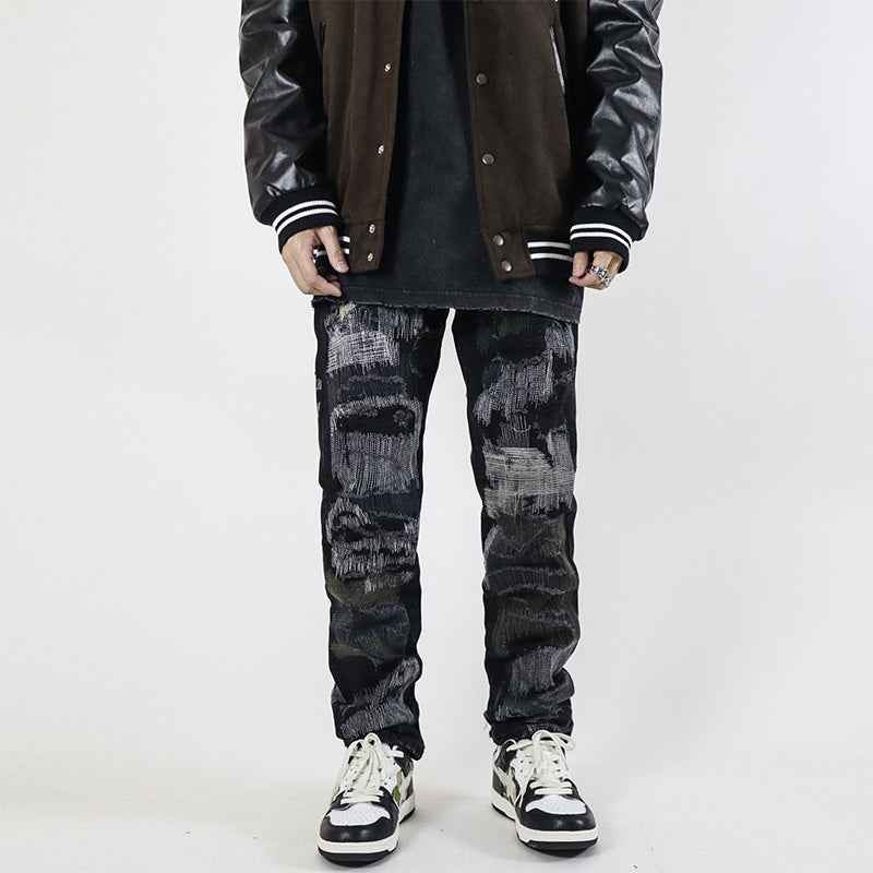 High Street Retro Washed Straight Hole Blasted Street Jeans For Men Black