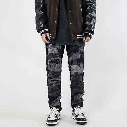 High Street Retro Washed Straight Hole Blasted Street Jeans For Men Black