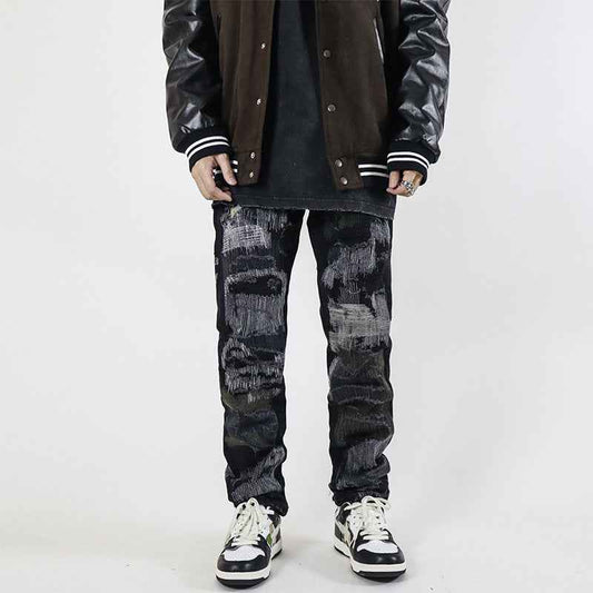 High Street Retro Washed Straight Hole Blasted Street Jeans For Men Black