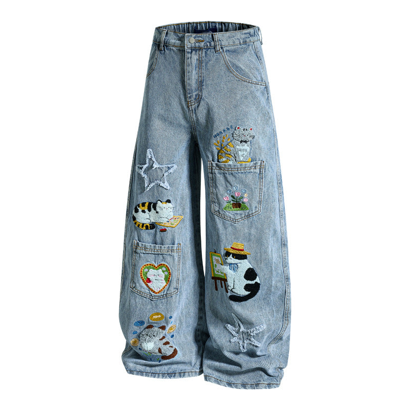 Retro Cartoon Embroidery Denim Pants, Unisex Streetwear Loose Fit Couple Casual Versatile Wide Leg Long Pants