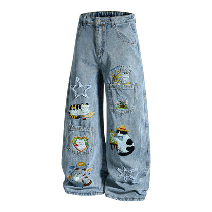Retro Cartoon Embroidery Denim Pants, Unisex Streetwear Loose Fit Couple Casual Versatile Wide Leg Long Pants