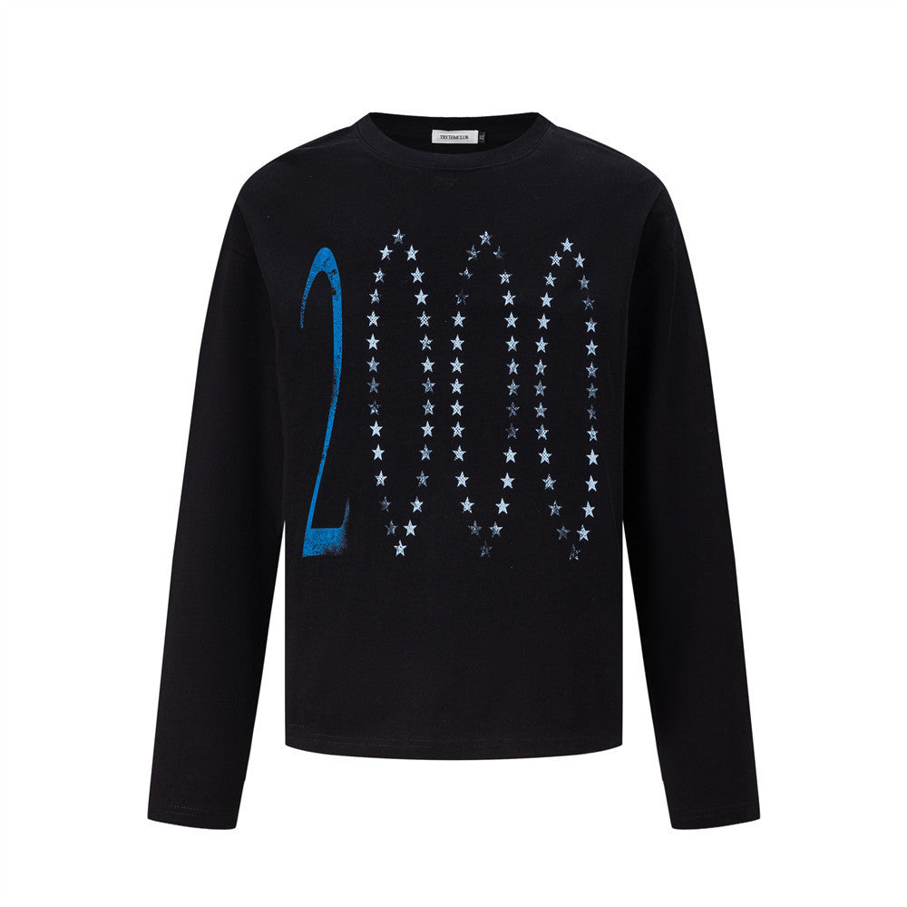 Casual Star Print Long Sleeve Crew Neck Men's T-Shirt Black