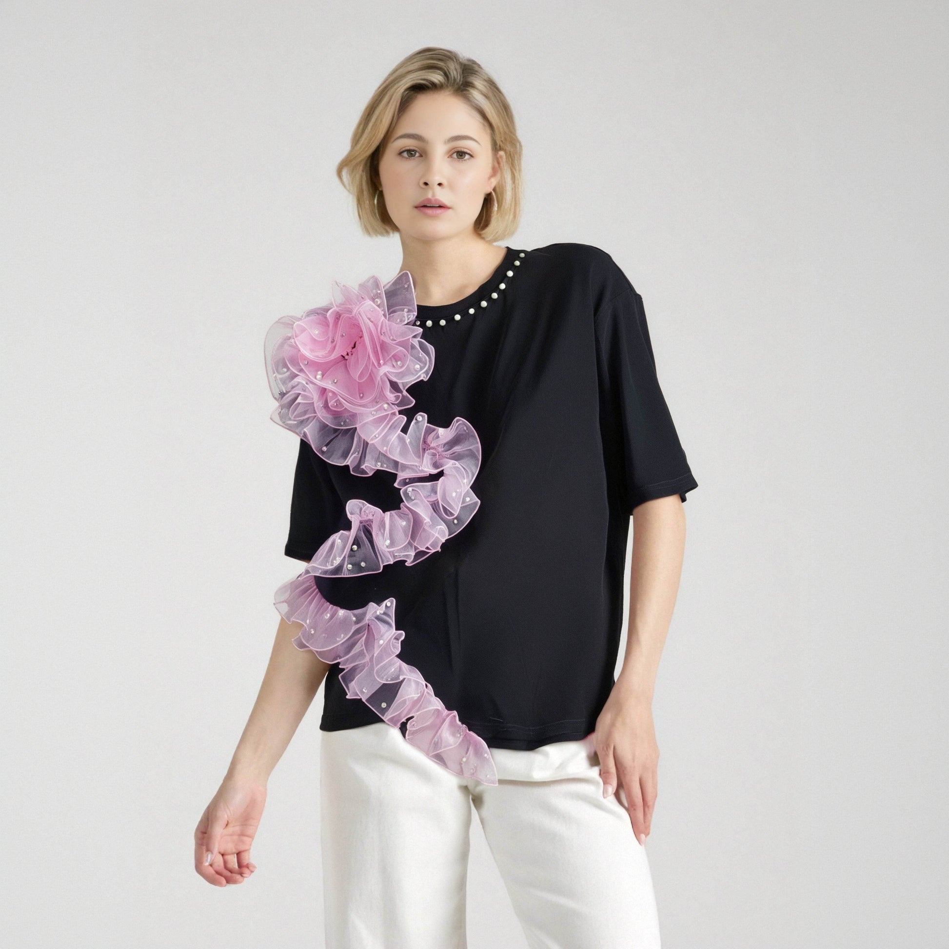 Women's T-shirt Rivet Collar Irregular Pleated Pink Mesh Flowers | MuddyStock Originals MuddyStock
