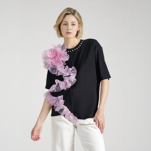 Women's T-shirt Rivet Collar Irregular Pleated Pink Mesh Flowers | MuddyStock Originals MuddyStock
