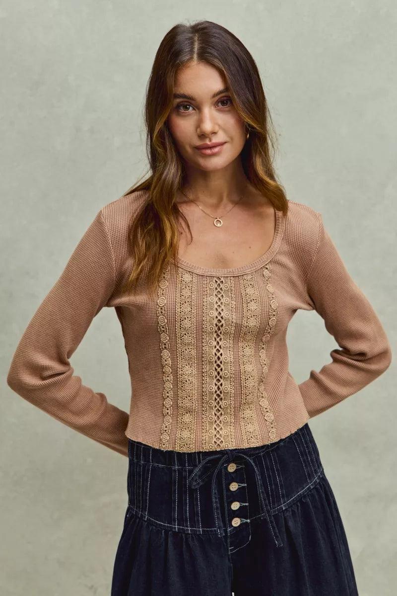 Vintage Washed Lace Crop Thermal Washed Knit Top LATTE