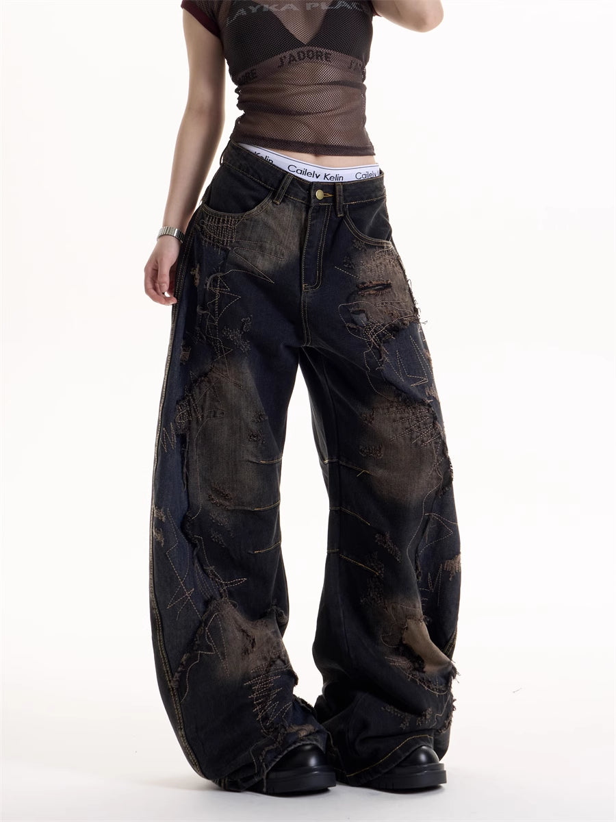 American Retro Wind Black Tie-dyed Ripped Jeans For Women