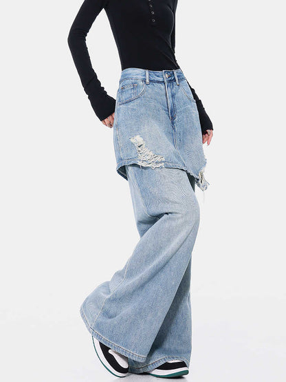 Vintage Blue Washed Fake Two-piece Jeans For Women Ripped Straight Pants MuddyStock