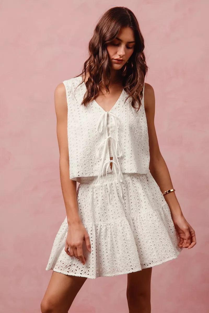 Floral Eyelet Lace Tie Front Vest Top and Tiered Mini Skirt Set OFF WHITE