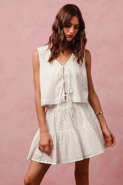 Floral Eyelet Lace Tie Front Vest Top and Tiered Mini Skirt Set OFF WHITE