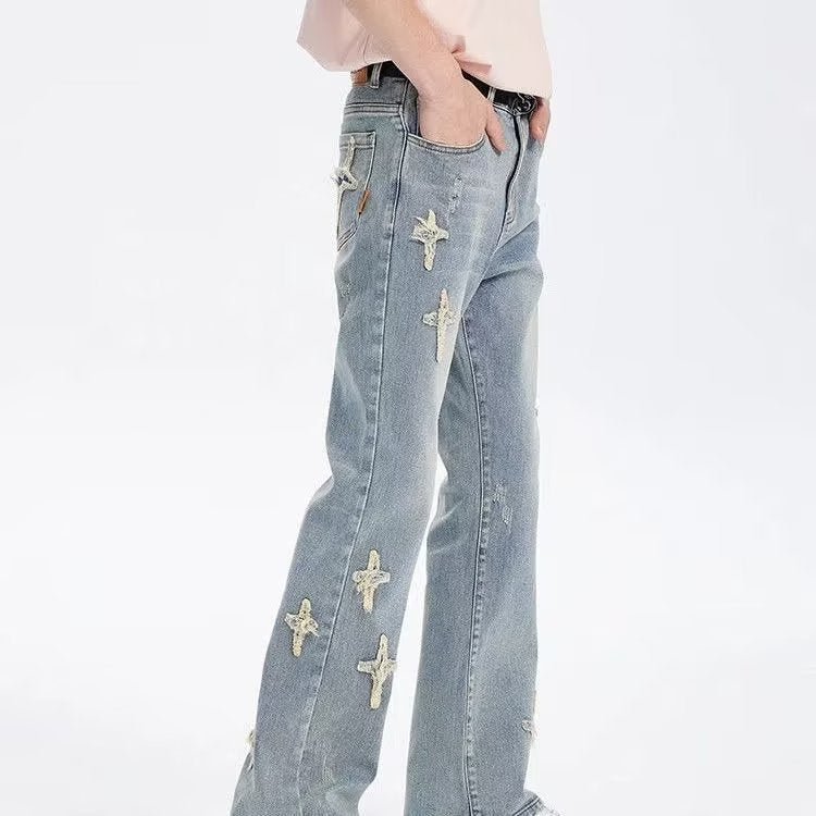 Patch Cross Star Washed American High Street Jeans For Men