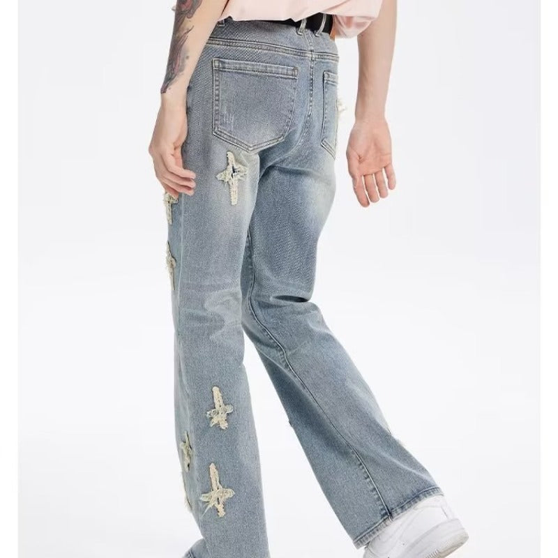 Patch Cross Star Washed American High Street Jeans For Men