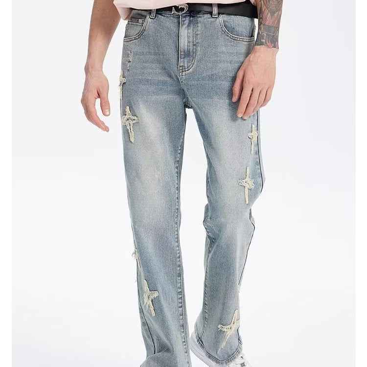 Patch Cross Star Washed American High Street Jeans For Men