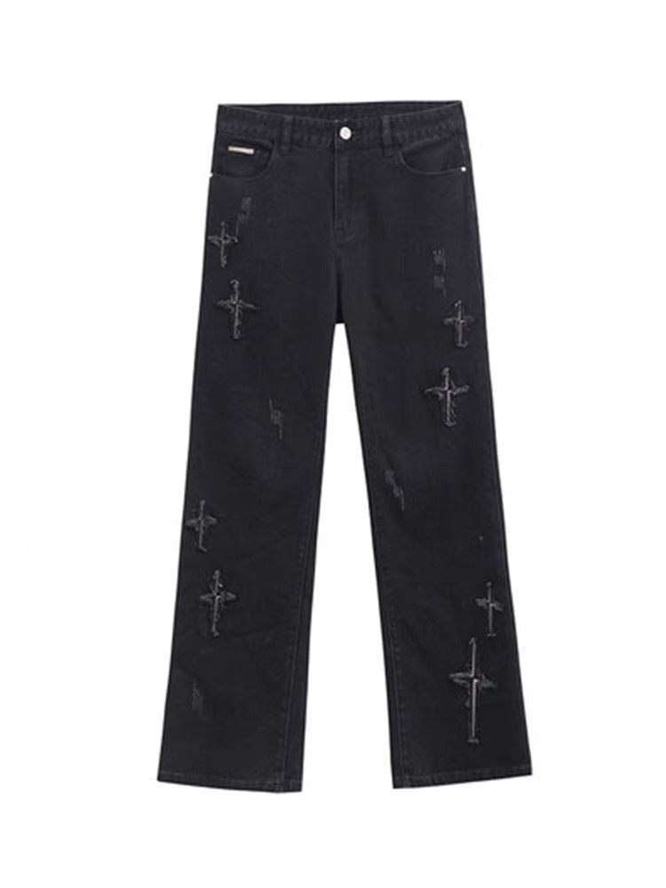 Patch Cross Star Washed American High Street Jeans For Men