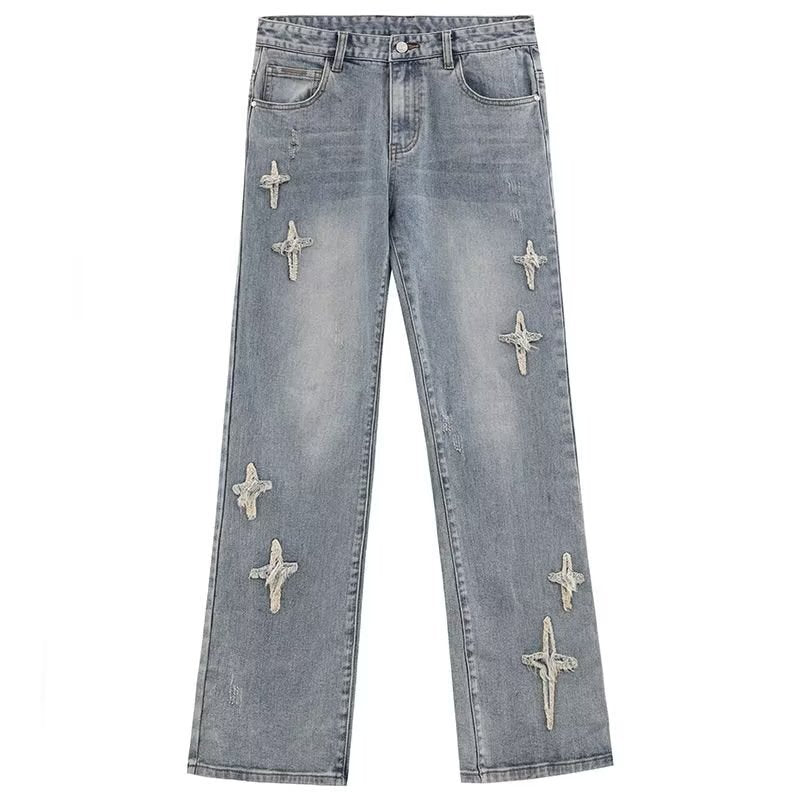 Patch Cross Star Washed American High Street Jeans For Men