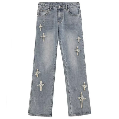 Patch Cross Star Washed American High Street Jeans For Men
