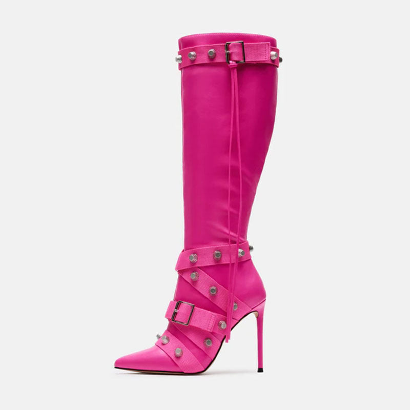 Metal Leathern Pointed Stiletto High Heel Boot For Women