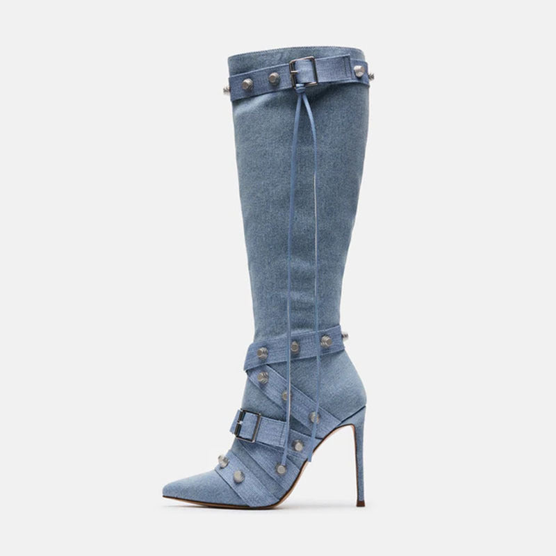 Metal Leathern Pointed Stiletto High Heel Boot For Women