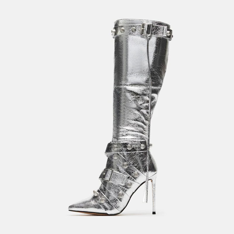 Metal Leathern Pointed Stiletto High Heel Boot For Women