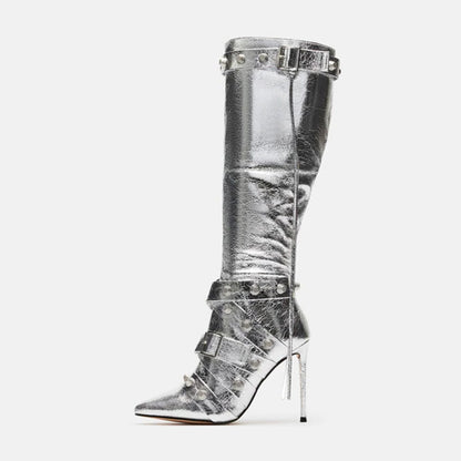 Metal Leathern Pointed Stiletto High Heel Boot For Women