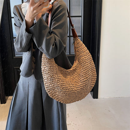 Women's Casual Large Capacity Straw Shoulder bag Brown