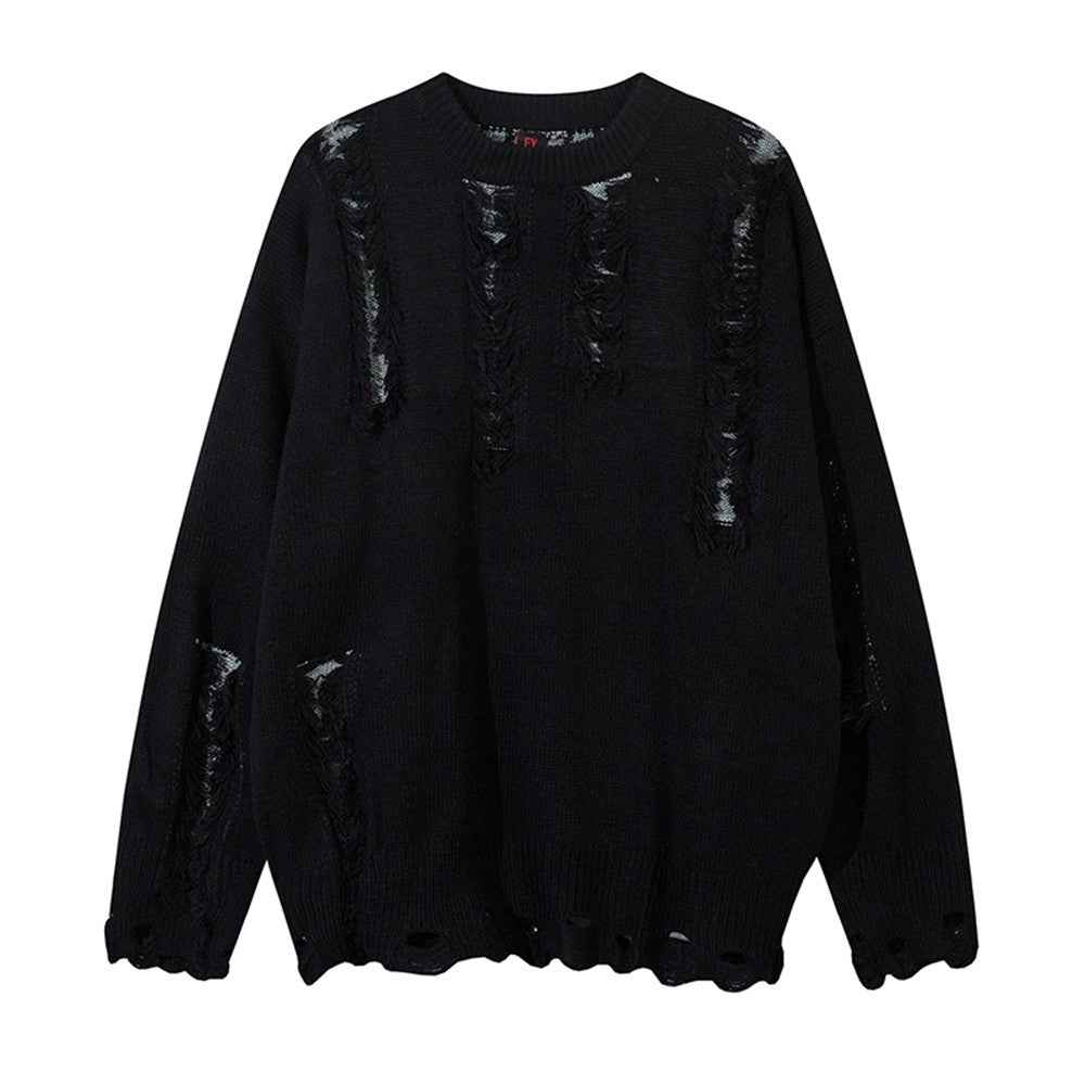 Irregular Damaged Cat Beard Round Neck Sweater For Men And Women Black MuddyStock All Products