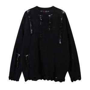 Irregular Damaged Cat Beard Round Neck Sweater For Men And Women Black All Products
