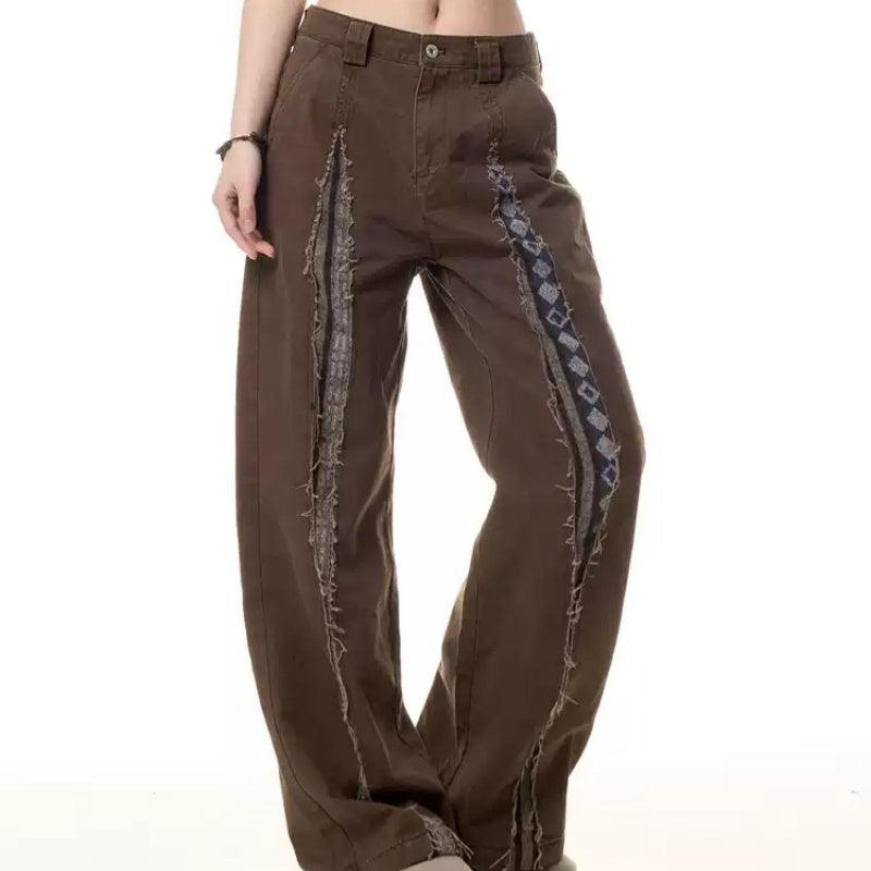 Retro Frayed Stitching Design Multi-pocket Jeans For Women null