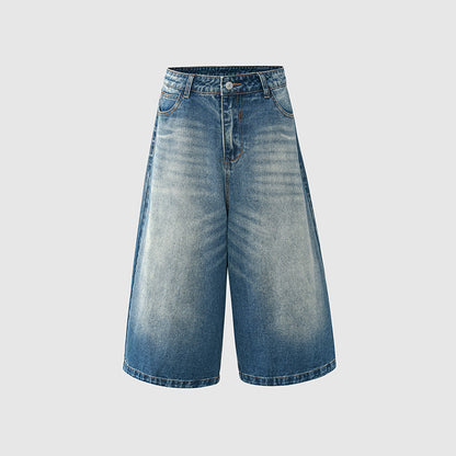 Women's Washed Seven-Quarter Denim Pants Loose Straight Wide-Leg Mid-Length Trousers