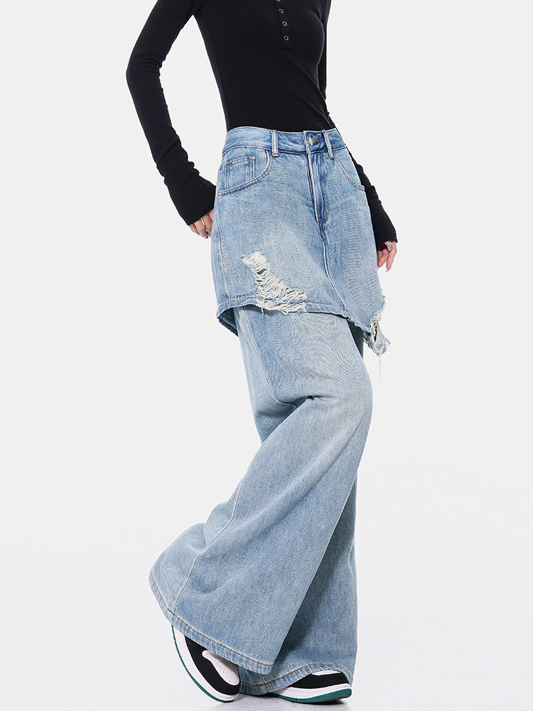 Vintage Blue Washed Fake Two-piece Jeans For Women Ripped Straight Pants MuddyStock