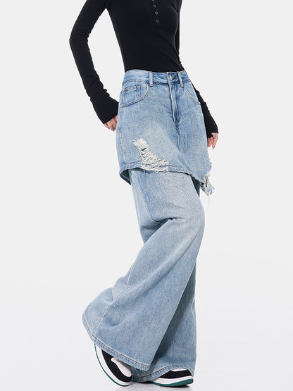 Vintage Blue Washed Fake Two-piece Jeans For Women Ripped Straight Pants MuddyStock