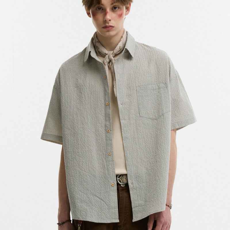 Seersucker Lapel Plaid Shirt For Men null