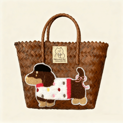 Large capacity sausage dog hand woven cabbage basket bag Handbag - Vintage Brown Lady Dog