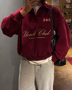 Letter Embroidered Pullover Sweatshirt For Men And Women Dark Red