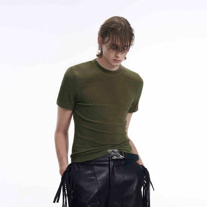Round Neck Tight Bottoming Men's Thin Stretch Short Sleeve T-shirt Green null