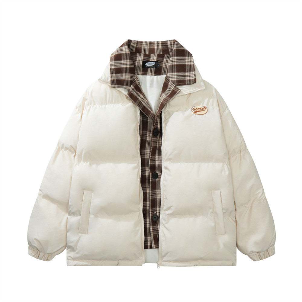 Plaid Fake Two Pieces Men's Cotton-padded Coat Apricot