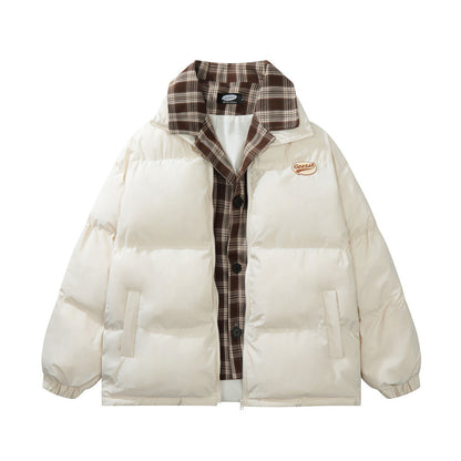 Plaid Fake Two Pieces Men's Cotton-padded Coat Apricot