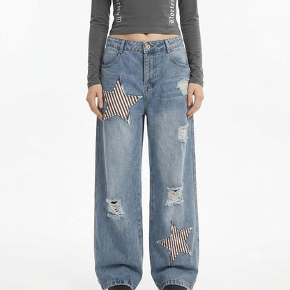 Star Patch Washed Blue Wide Leg Casual Versatile Straight Leg Jeans For Women | MuddyStock Originals
