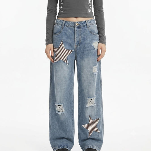 Star Patch Washed Blue Wide Leg Casual Versatile Straight Leg Jeans For Women | MuddyStock Originals