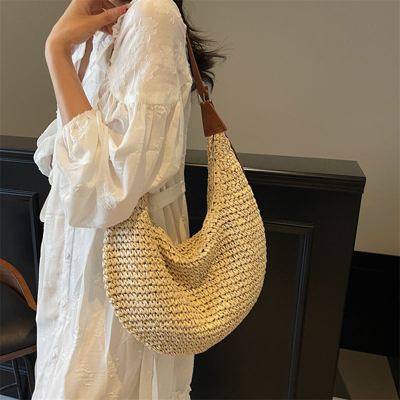 Women's Casual Large Capacity Straw Shoulder bag Off-white